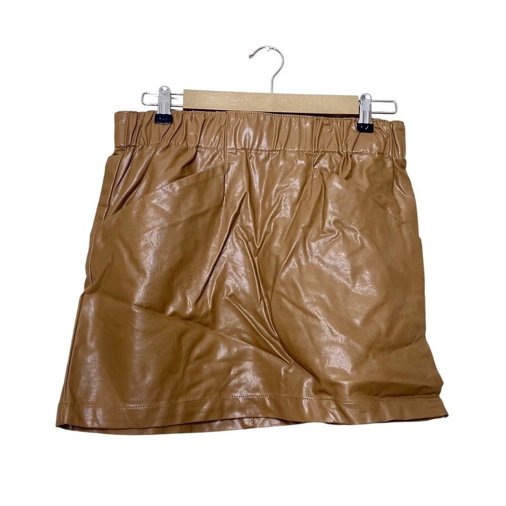 Jolt Womens Tan Brown Vegan Leather Mini Skirt Elastic Waist‎ Pockets M
